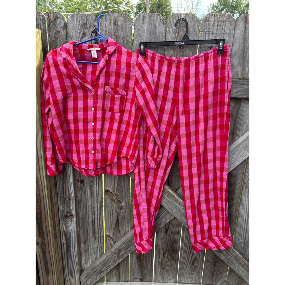 Victorias Secret Pink Red Plaid Flannel Pajama Set Small Short Metallic Lurex